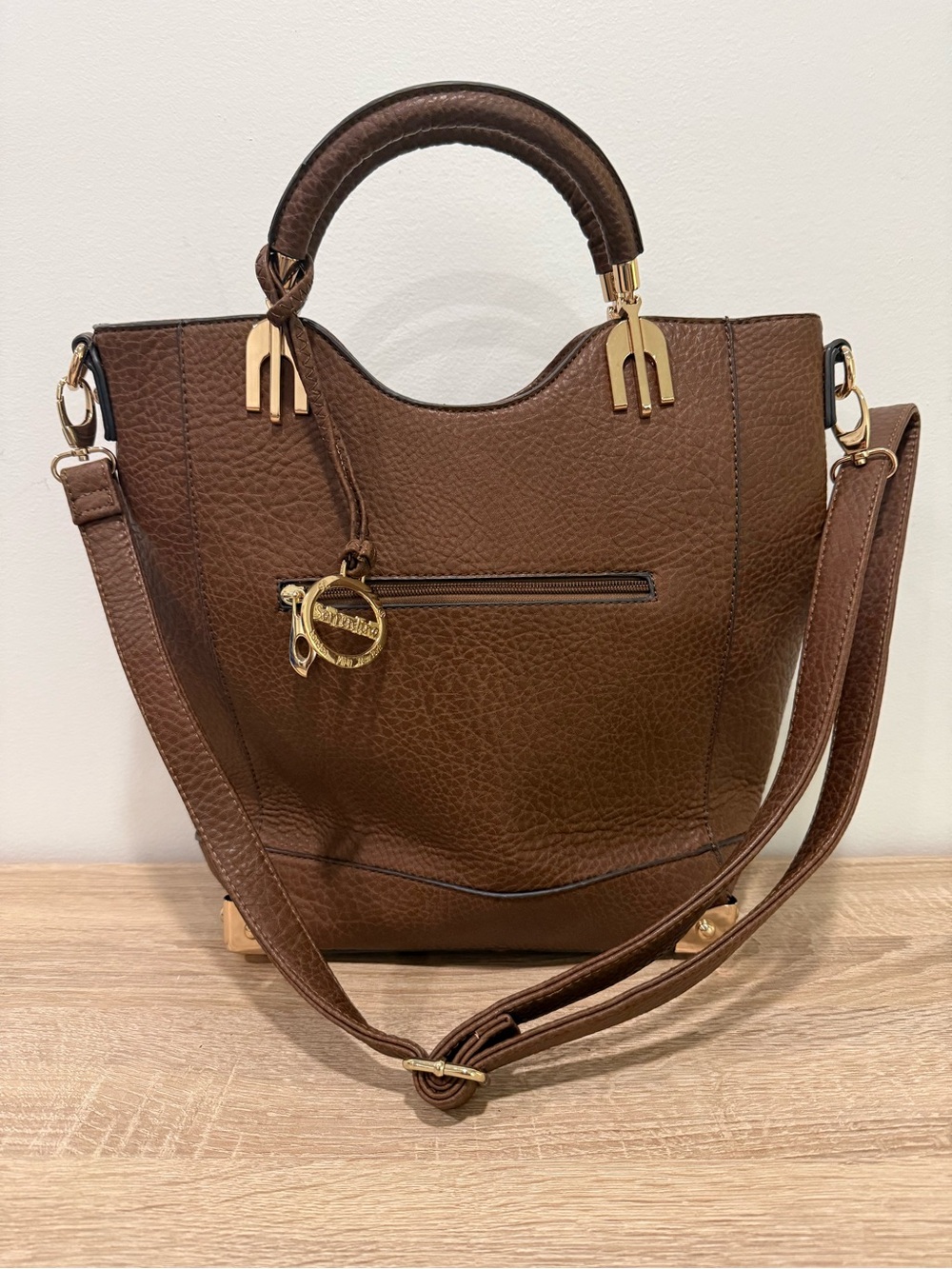 Sorrentino Structured Scalloped Top Pebbled Satchel Bag (Brown/Gold)